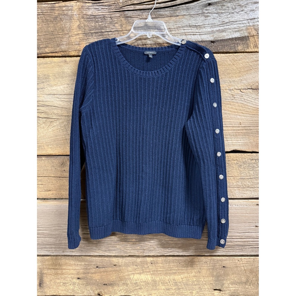 Talbots Navy Blue Shaker Stitch Button Sleeve Crew Neck Sweater Large